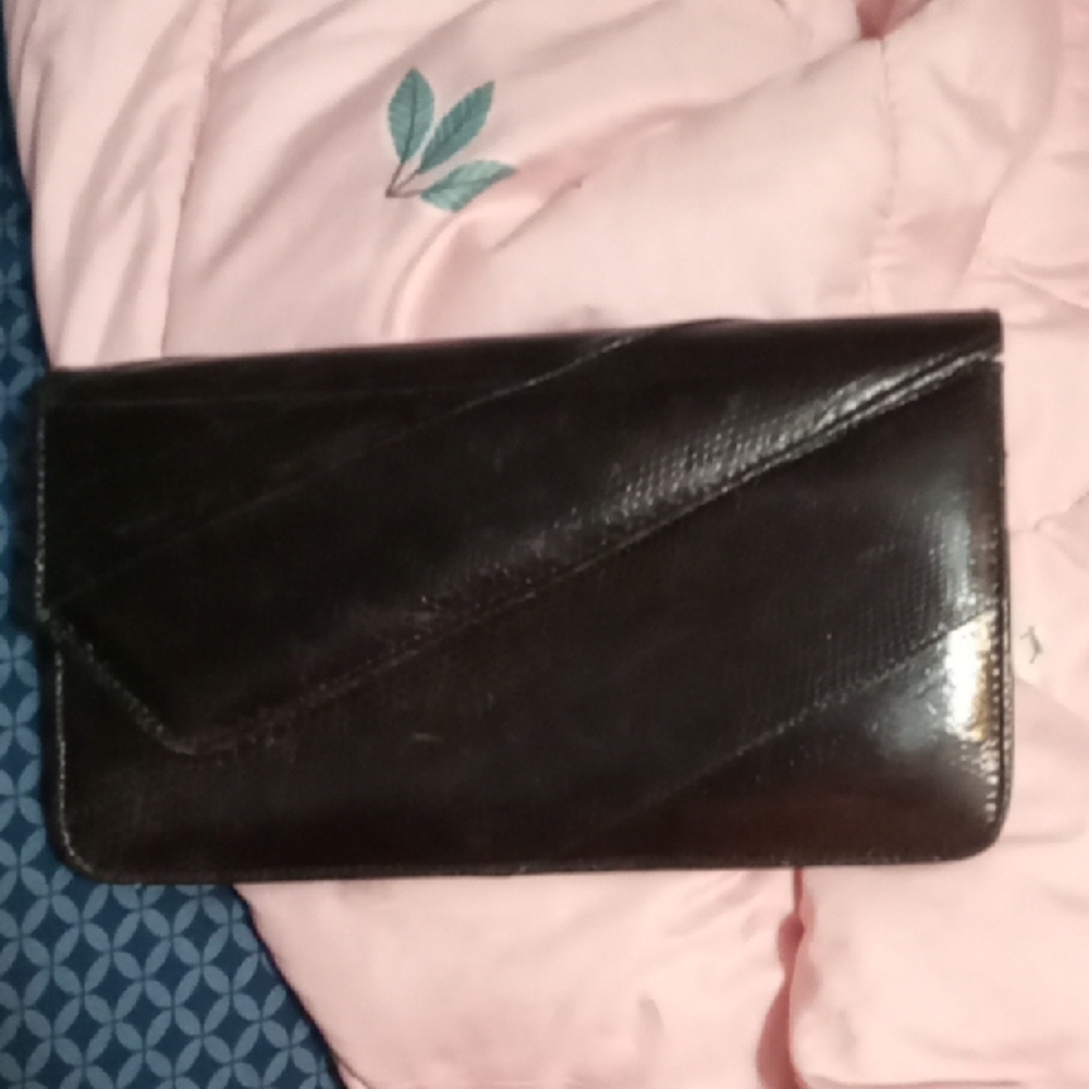 Genuine Snake Skin Clutch Black With Tan Button Closure Zipper Say Polo New